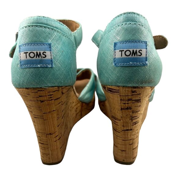 Toms Platform Wedge Turquoise Iridescent Cork Wedge Sandals shoes sz 8.5W - Picture 6 of 9